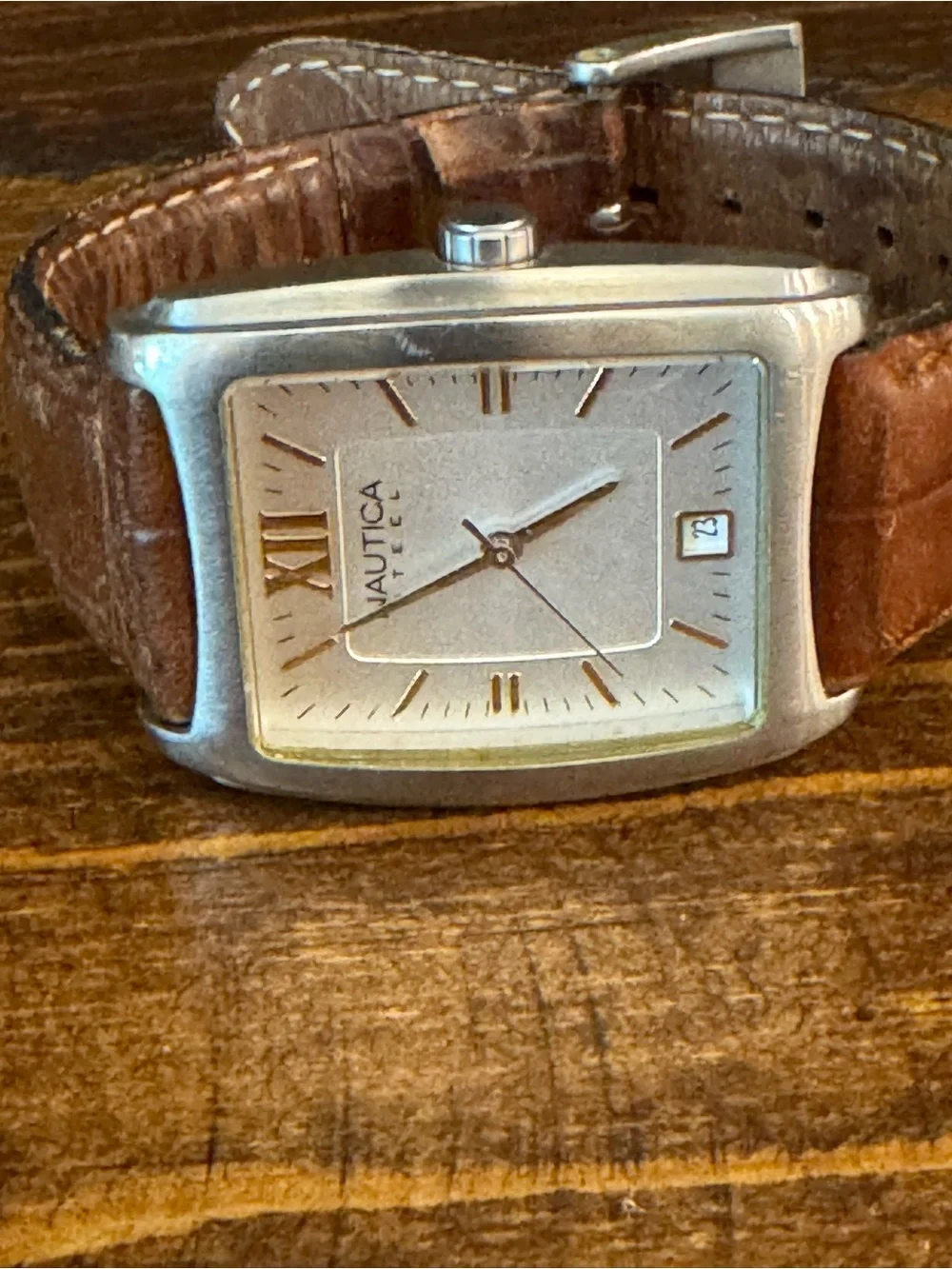 Nautica Silver-Tone Rectangular Watch with Brown Leather Band